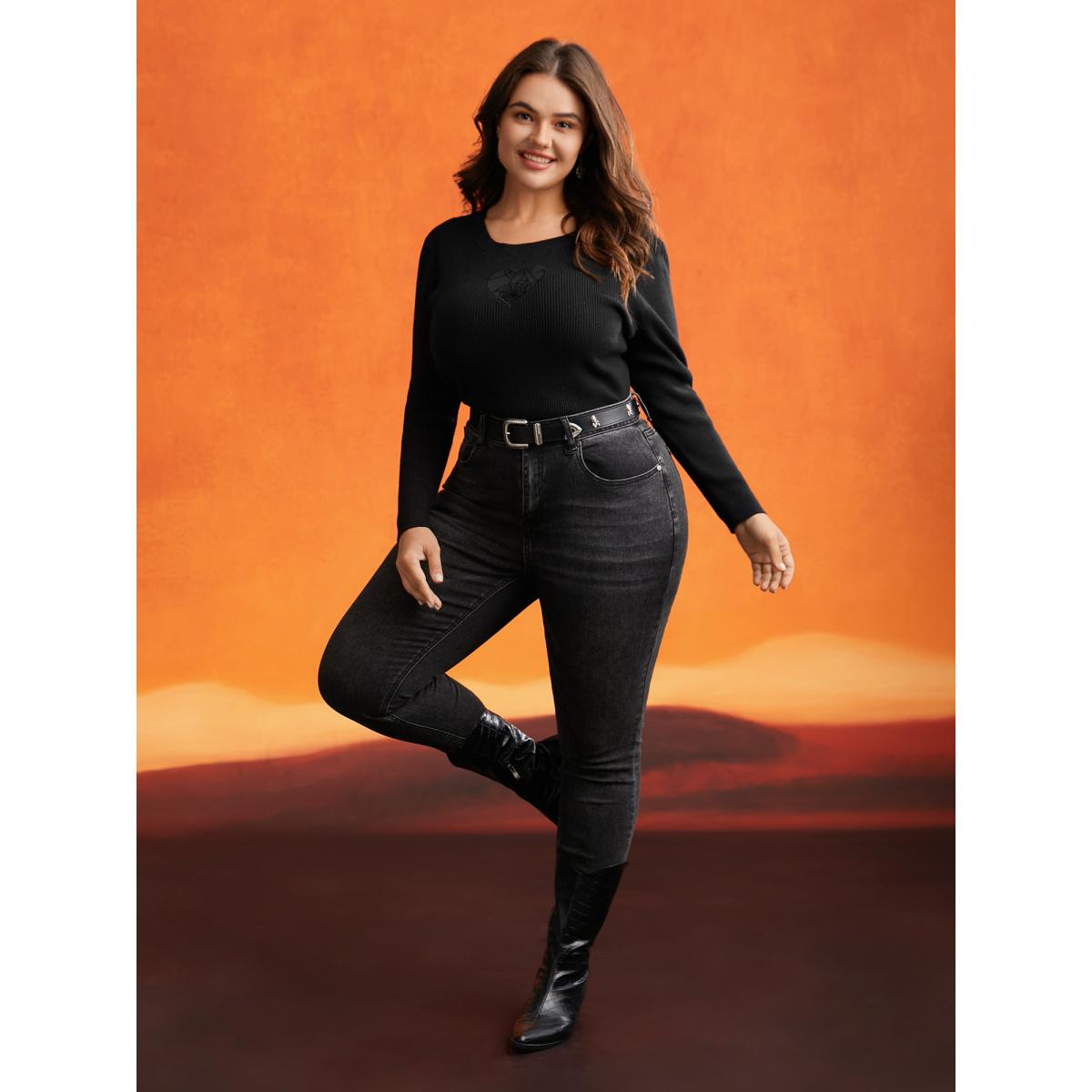 Plus Size Supersoft Essentials Webbed Sheer Heart Slim-fit Pullover Black Women Casual Long Sleeve Round Neck Everyday Pullovers BloomChic 10/M Product Image