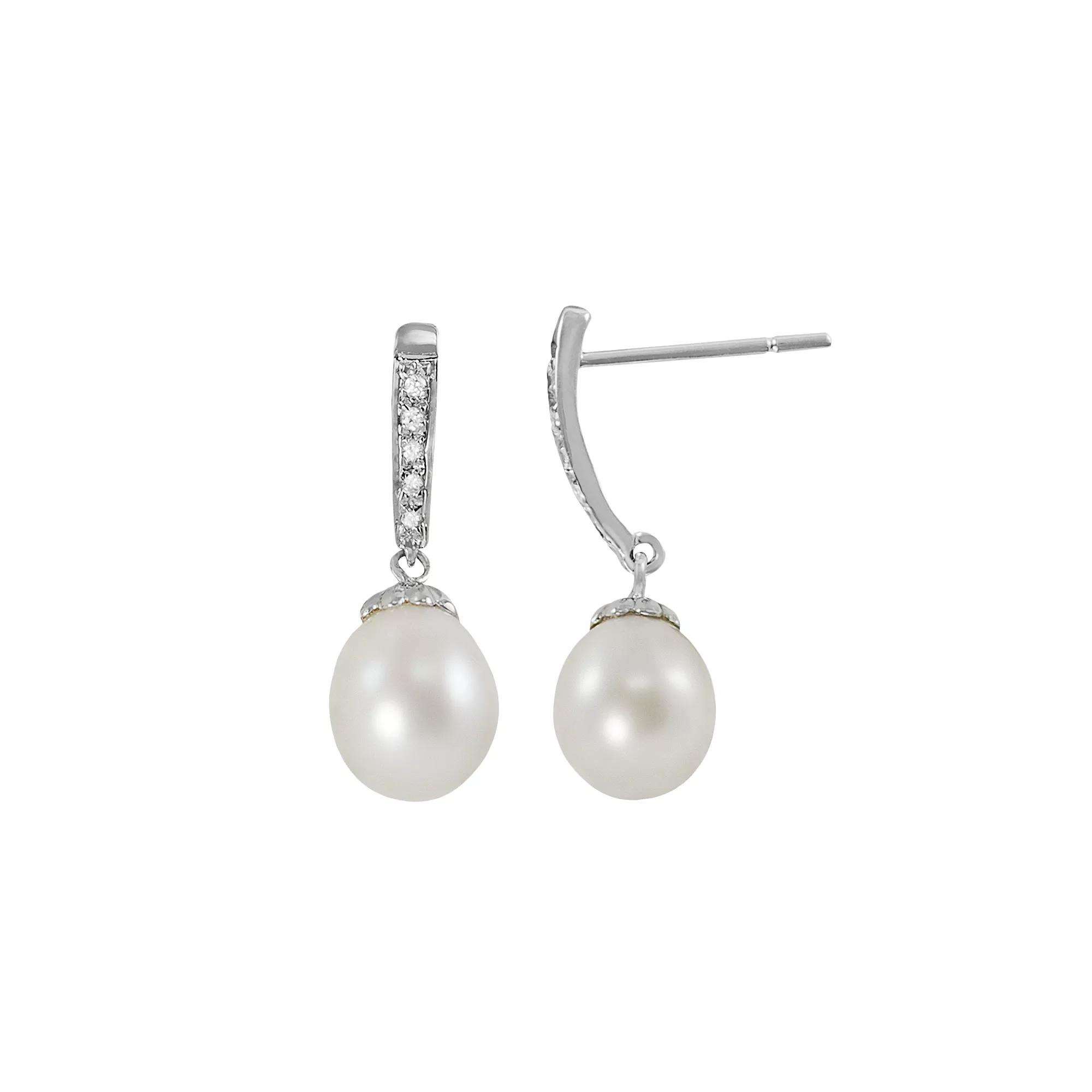 14k White Gold Freshwater Cultured Pearl and Diamond Accent Drop Earrings, Womens Product Image