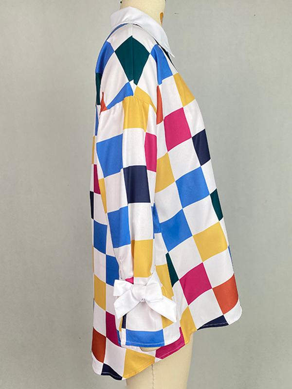 Long Sleeves Loose Buttoned Contrast Color Plaid Tied Stand Collar Blouses&Shirts Tops Product Image