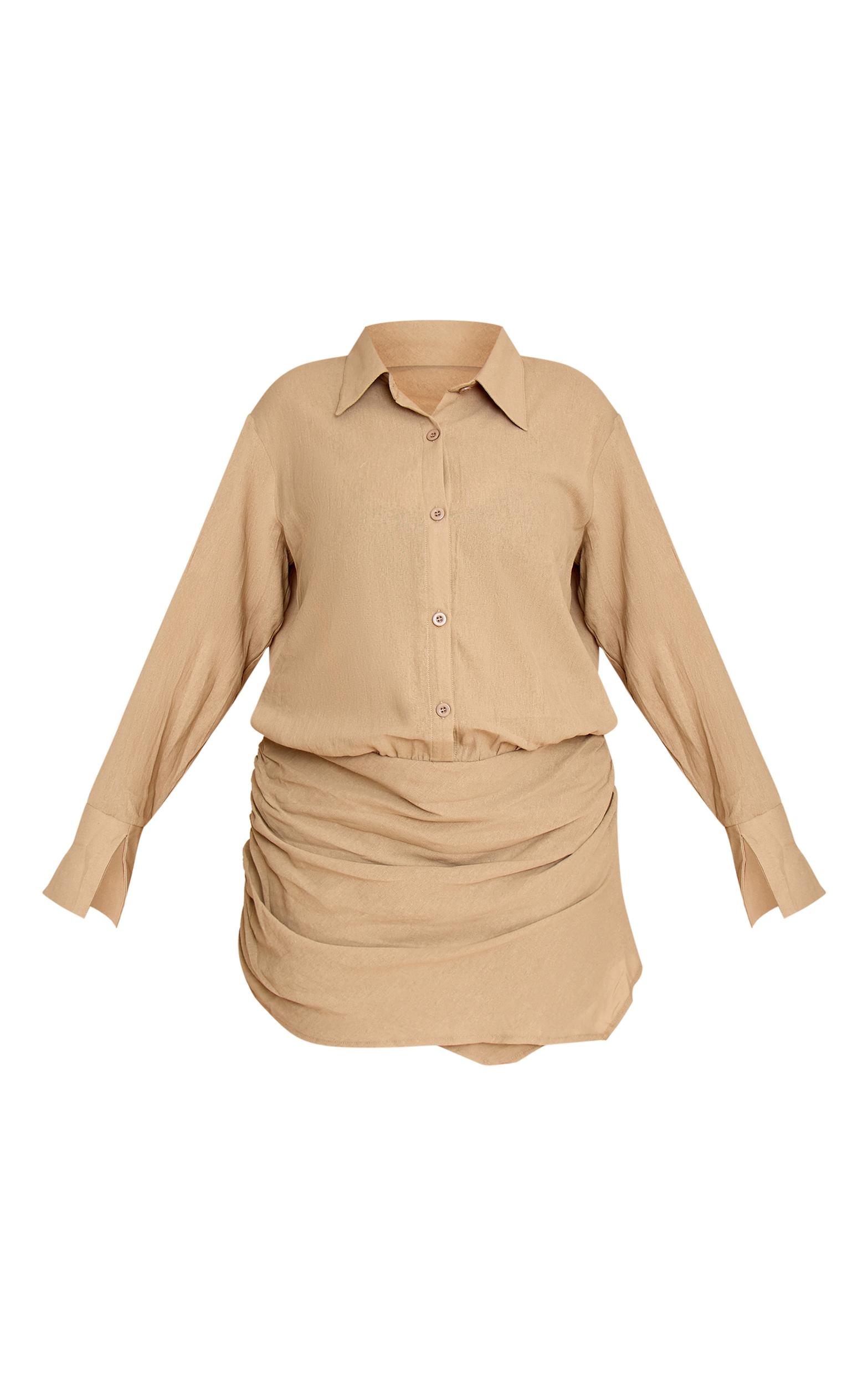 Plus Khaki Linen Look Shirt Style Long Sleeve Skort Romper Product Image