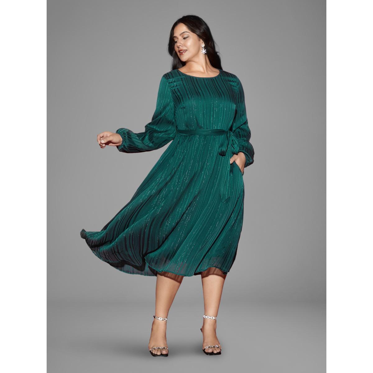 Plus Size Shimmery Silver Thread Waist-Tie Midi Dress Teal Women Cocktail Texture Round Neck Long Sleeve Curvy BloomChic 18-20/2X Product Image