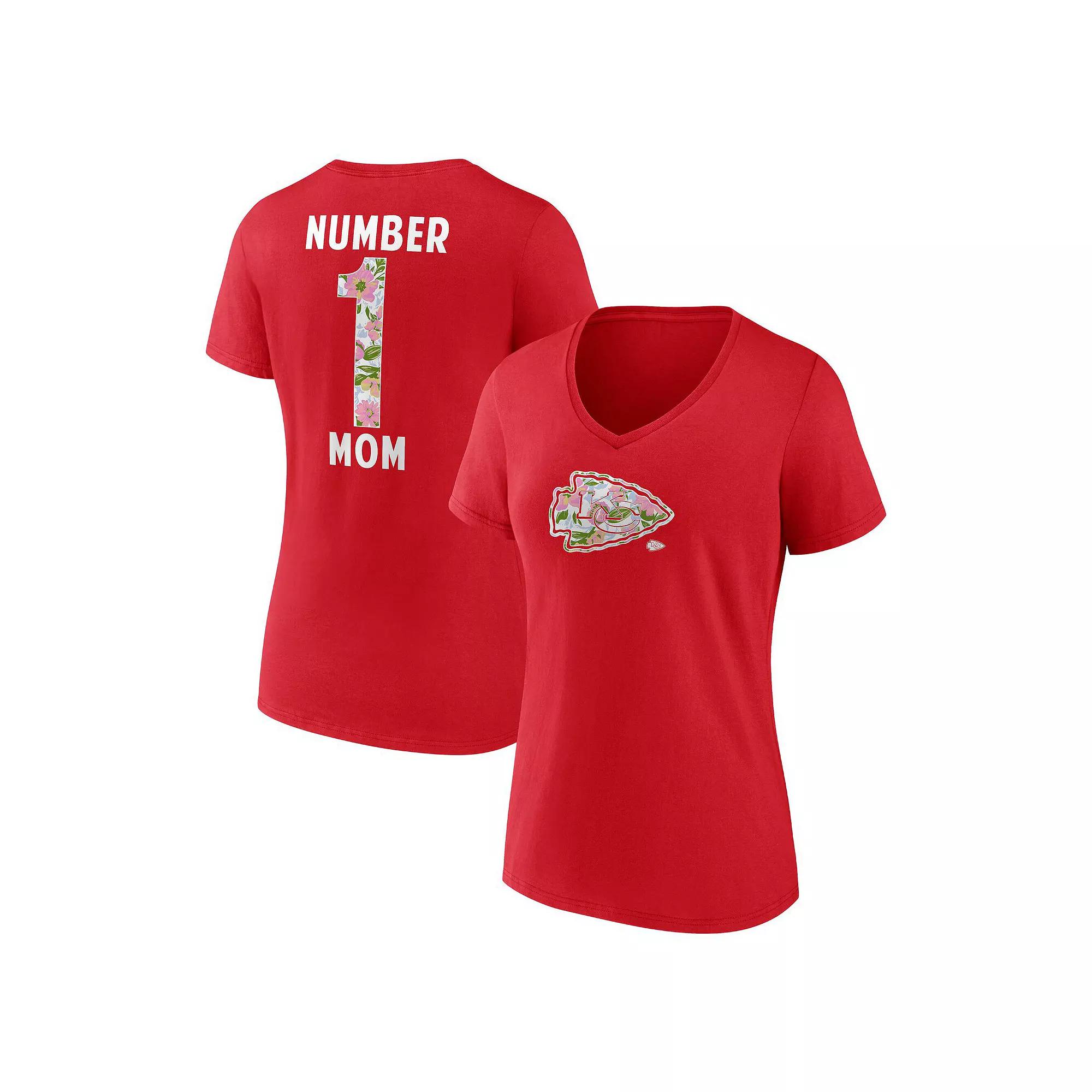 Women's Red Kansas City Chiefs Number 1 Mom Floral V-Neck T-Shirt,  Product Image