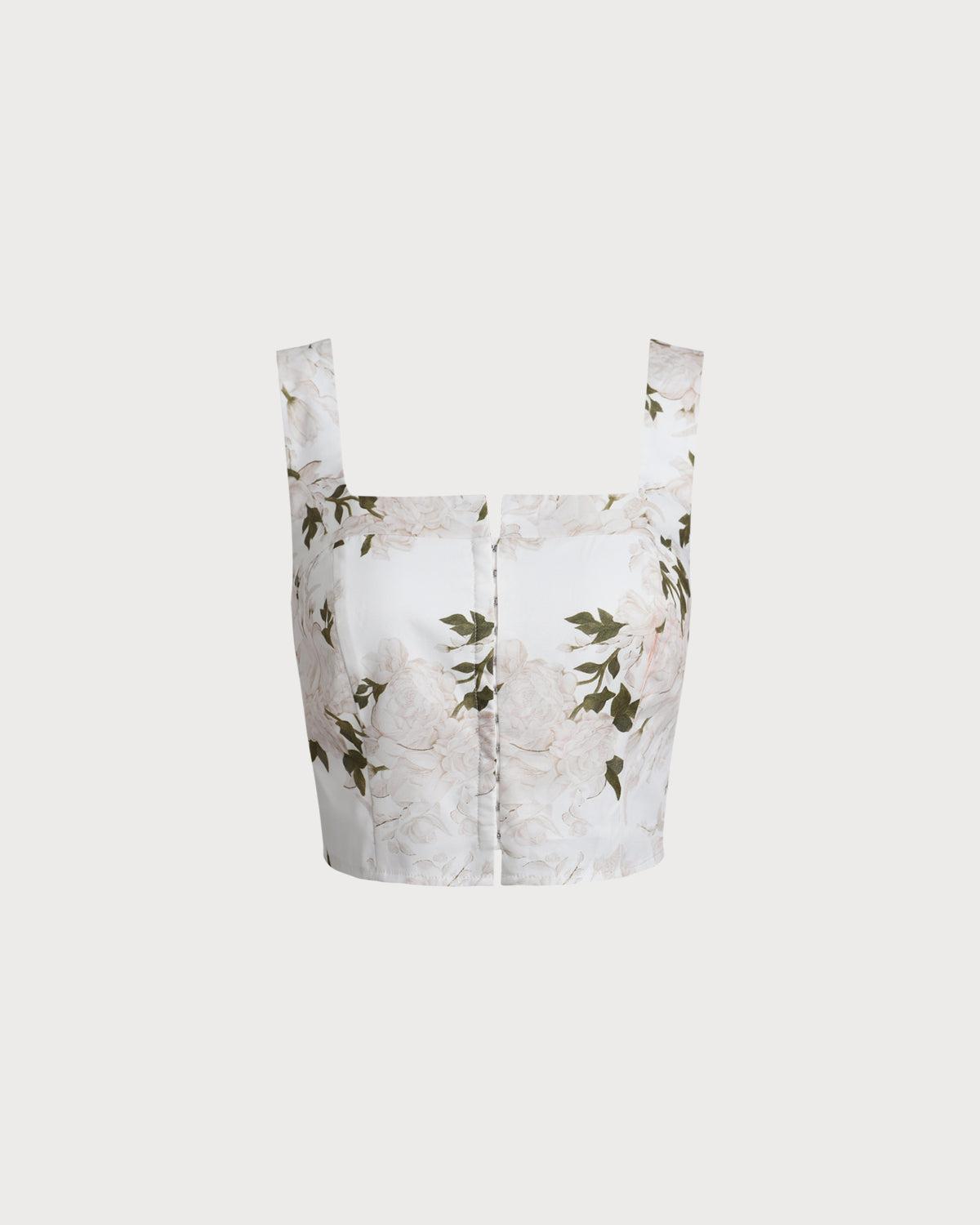 White Floral Shirred Square Neck Cami Top Product Image