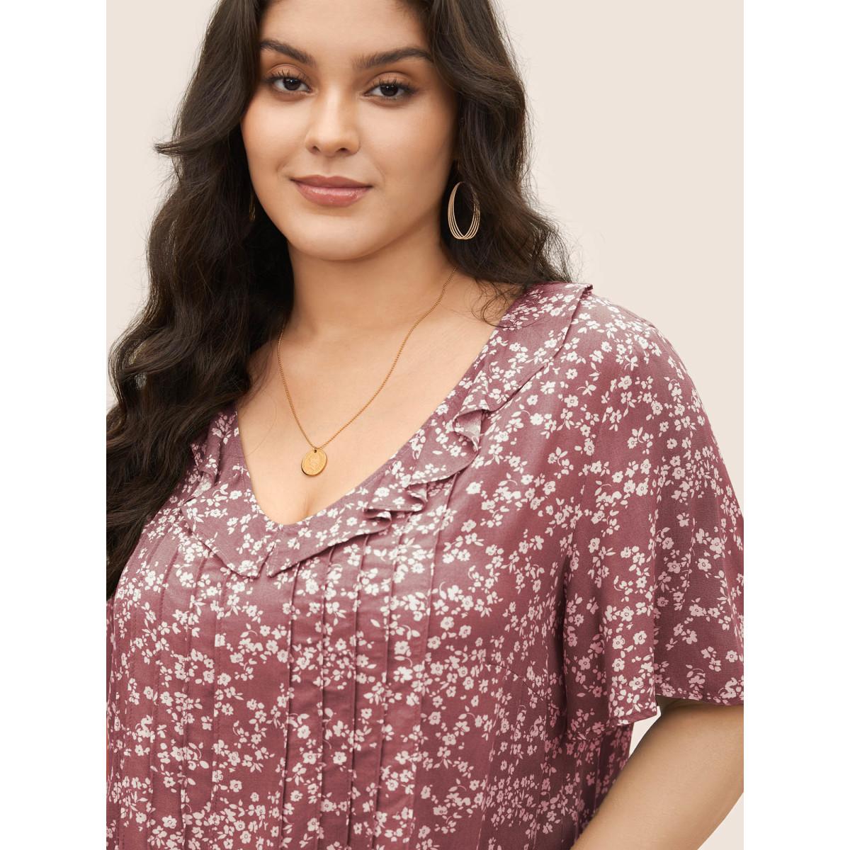 Plus Size Beanpastepowder Rayon Ditsy Floral Pleated Patchwork Ruffles Blouse Women Elegant Short sleeve V-neck Everyday Blouses BloomChic 30/6X Product Image