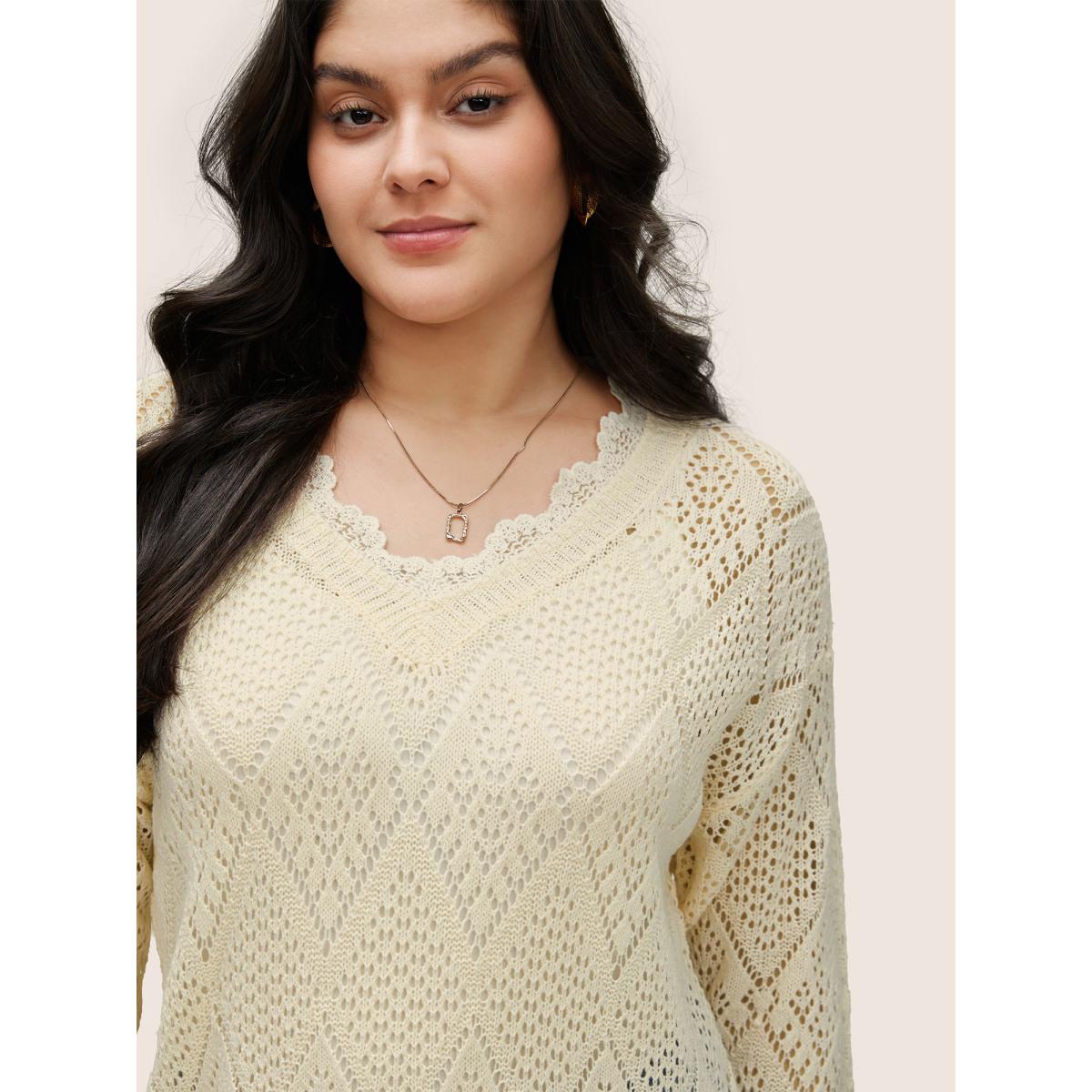 Plus Size Geometric Hollow Out Mesh Lace Panel Pullover Apricot Women Elegant Long Sleeve V-neck Everyday Pullovers BloomChic 10/M Product Image