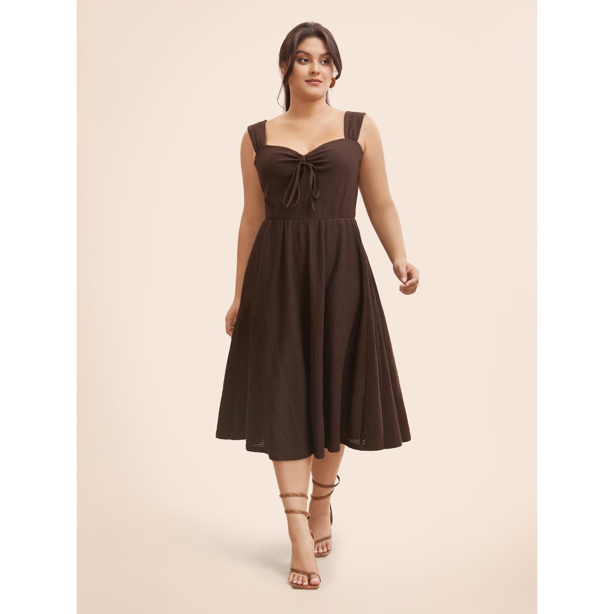 Plus Size Tie Neck Sleeveless Ruched Pocket Dress Browncoffeecolor Women Elegant Tie knot Heart neckline Sleeveless Curvy BloomChic 14-16/1X Product Image
