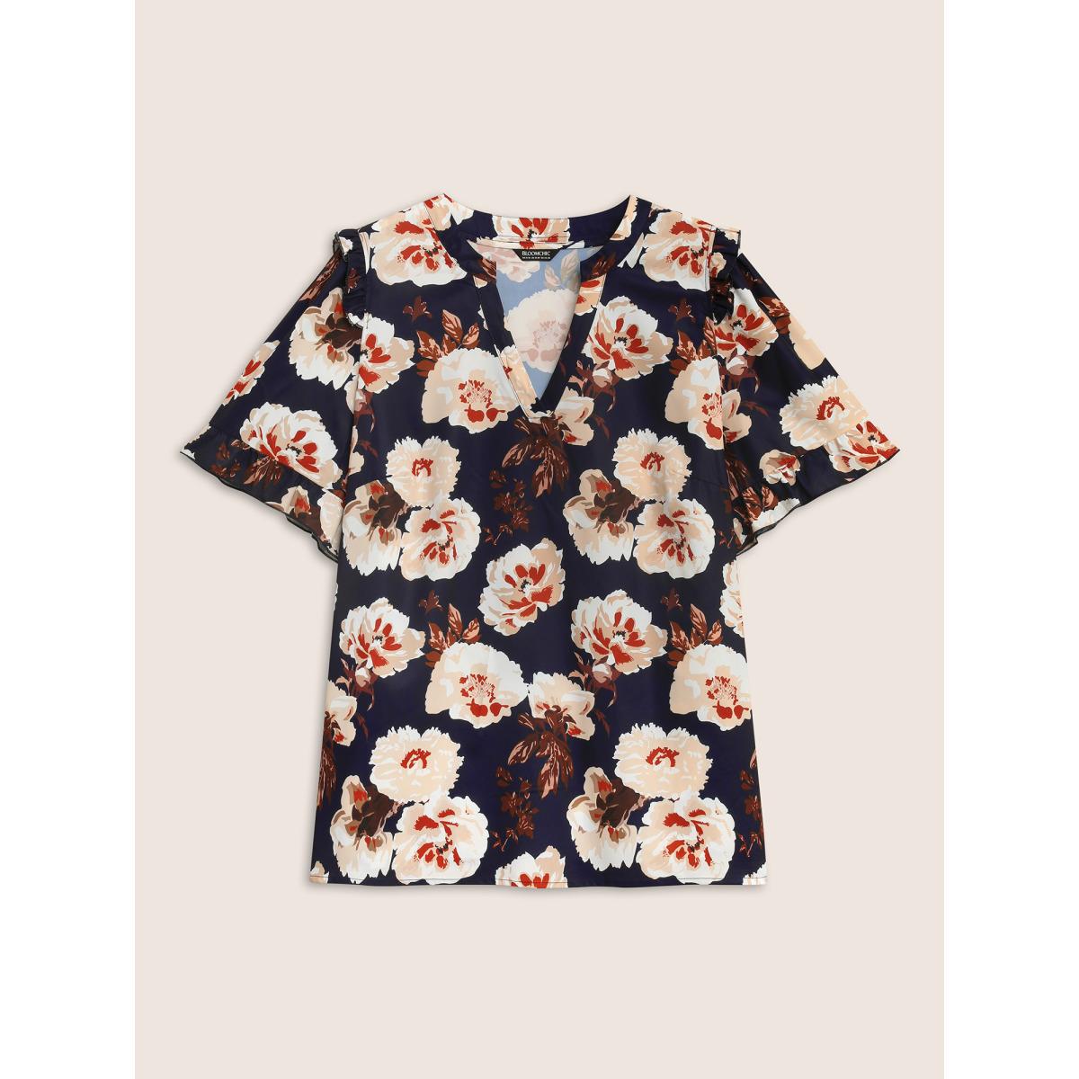 Plus Size Indigo Floral Notched Collar Ruffle Trim Blouse Women Elegant Short sleeve Flat collar with V-notch Everyday Blouses BloomChic 10/M Product Image