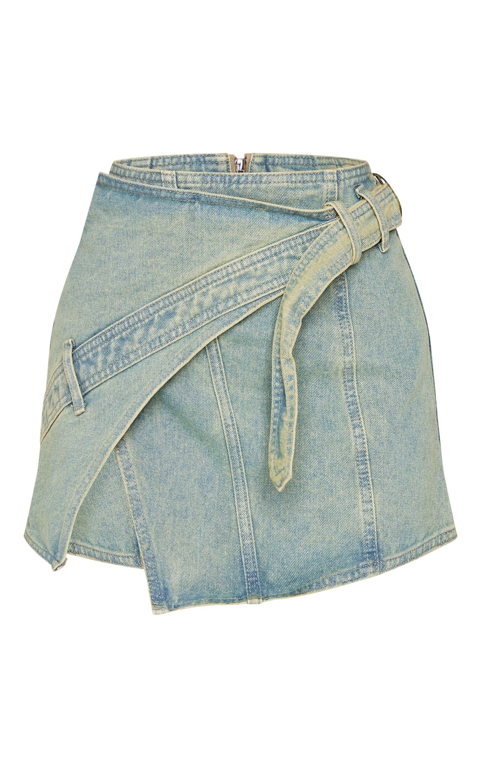 Petite Vintage Wash Denim Wrap Over Mini Skirt Product Image