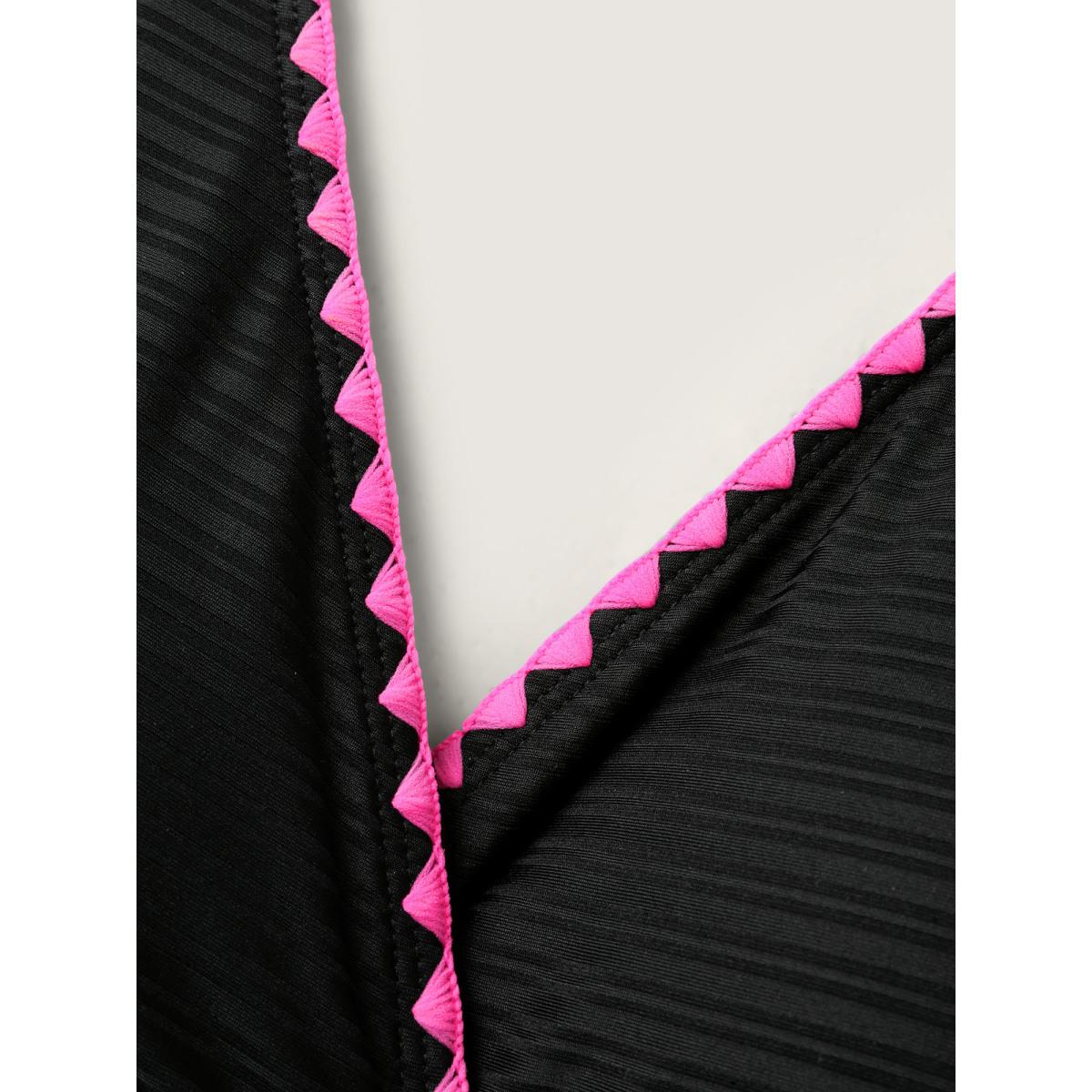 Plus Size Lace Trim Shell Embroidery Swim Top Women's Swimwear Black Resort Tie knot High stretch Skinny Overlap Collar Curve Swim Tops BloomChic 28/5X Product Image