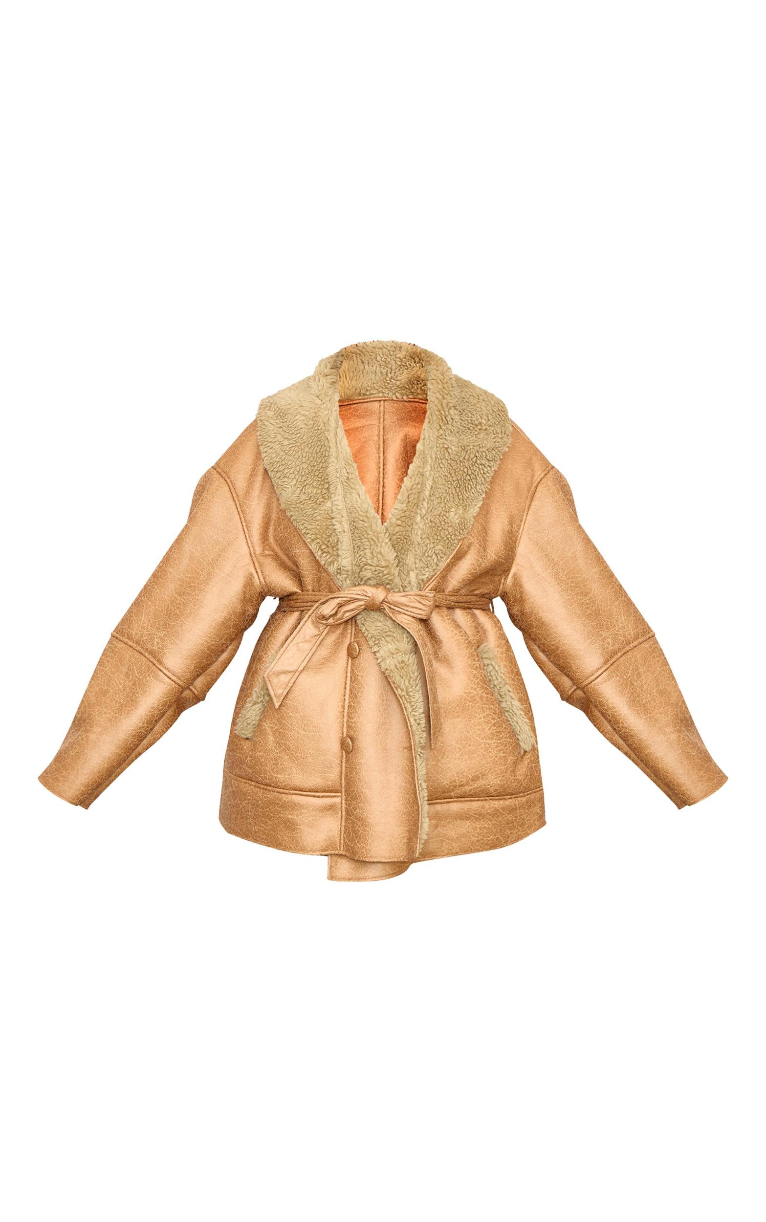Plus Beige Washed Borg Trim Belted Jacket Product Image