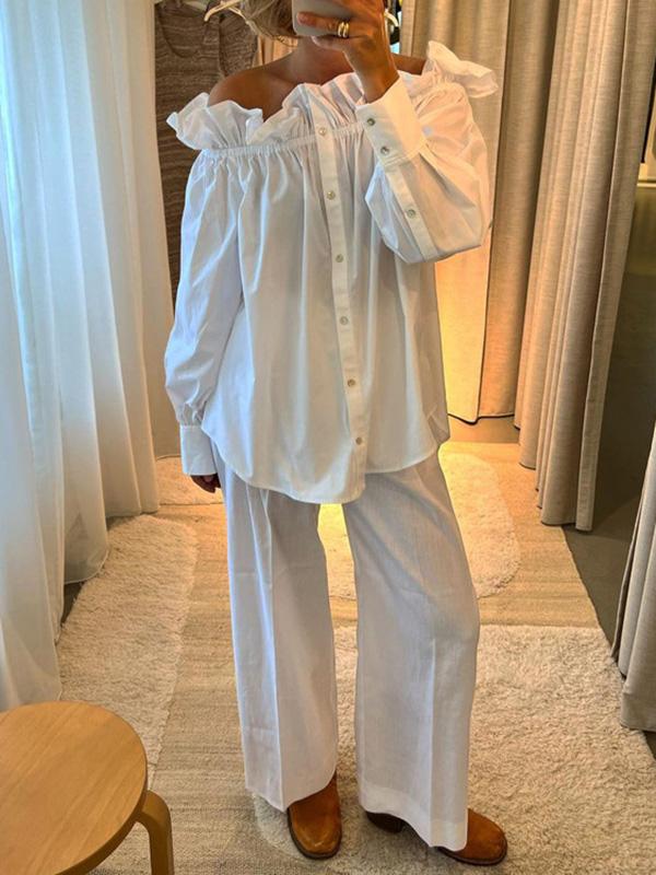 Loose Puff Sleeves Pleated Solid Color Off-The-Shoulder Blouse + Pants Trousers Elasticity Two Pieces Set Product Image
