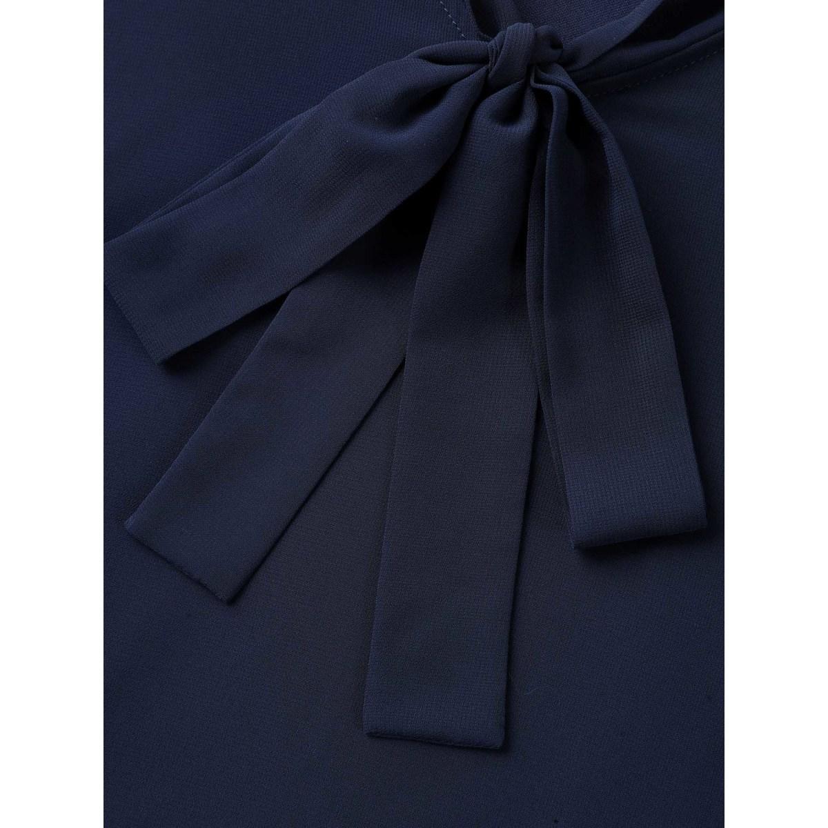 Plus Size Indigo Ribbon Collar Placket Lined Blouse Women Office Short sleeve Ribbon-tied collar Office Blouses BloomChic 26/4X Product Image