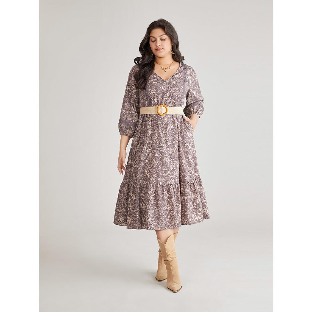 Plus Size Ditsy Floral Layered Flutter Hem Lace Insert Dress Mauve Women Vacation Elastic cuffs V-neck Elbow-length sleeve Curvy Midi Dress BloomChic 10/M Product Image