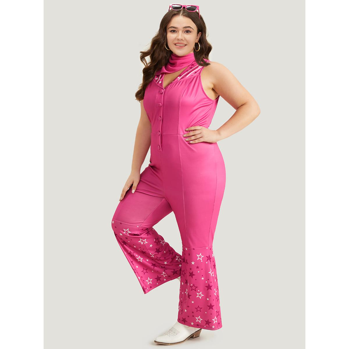 Plus Size Pink Halloween Star Button Up Bootcut Sleeveless Jumpsuit Women Elegant Sleeveless V-neck Festival-Halloween Loose Jumpsuits BloomChic 14-16/1X Product Image