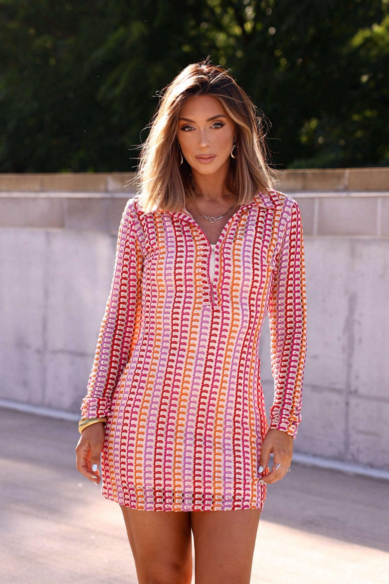 Fuchsia Multi Striped Crochet Mini Dress - DOORBUSTER Product Image