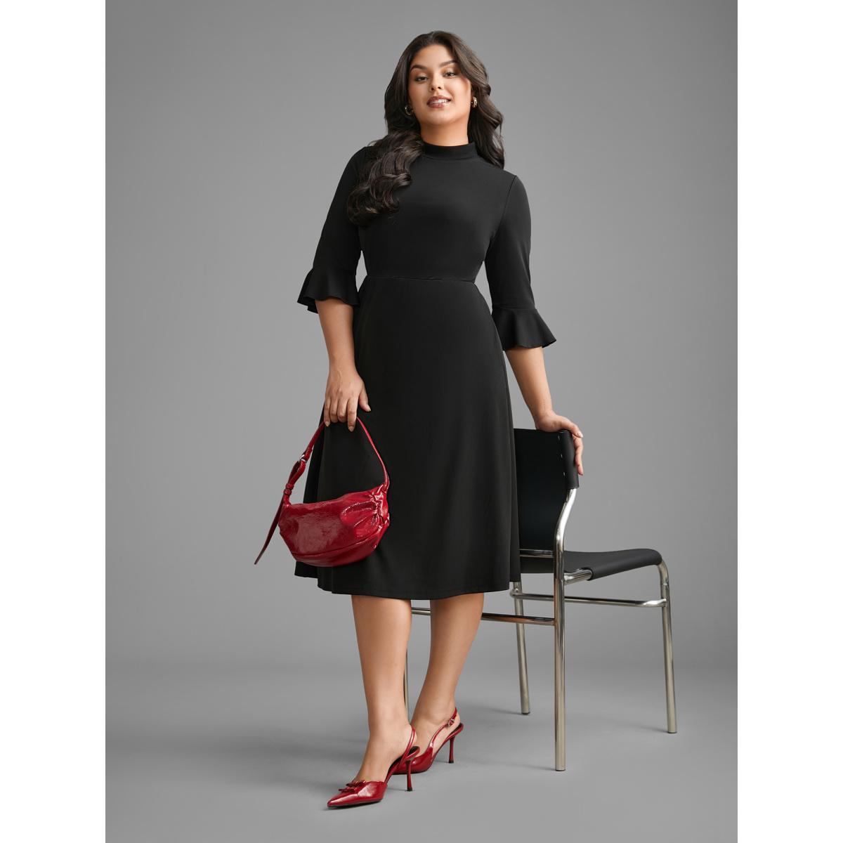 Plus Size Mock Neck Flutter Sleeve Knit Dress Black Women At the Office Ruffles Knit Dresses Bloomchic 28/5X Product Image