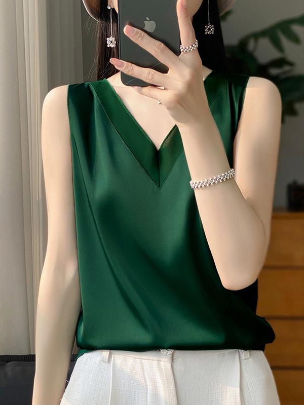 Loose Sleeveless Solid Color V-Neck Vest Top Product Image