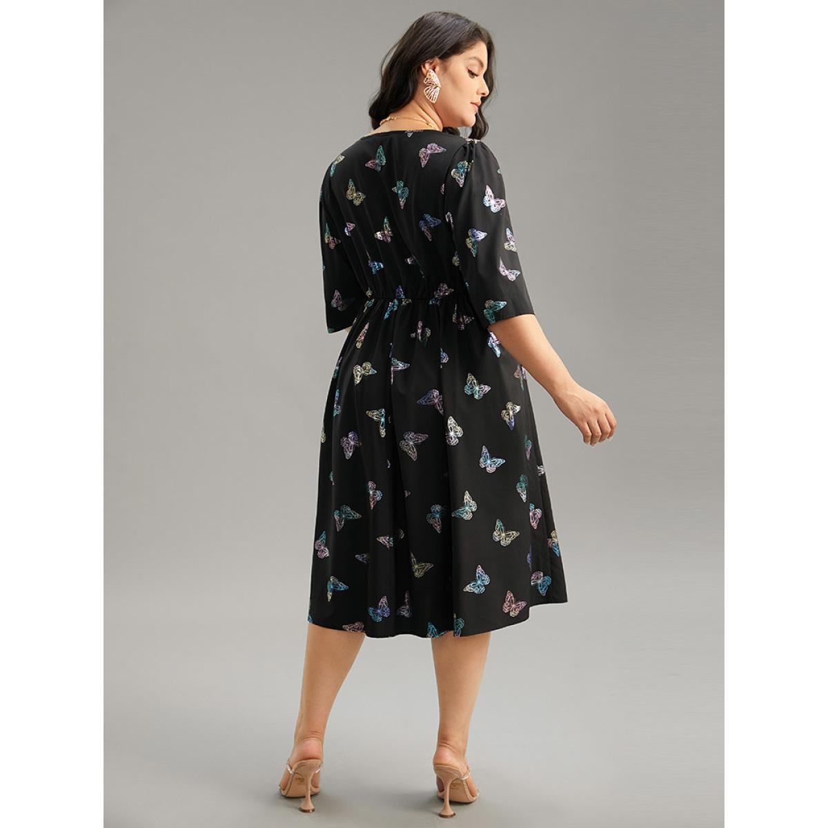 Plus Size Butterfly Glitter V Neck Ruched Dress Black Women Party Wrap Overlap Collar Half Sleeve Curvy Midi Dress BloomChic 26/4X Product Image