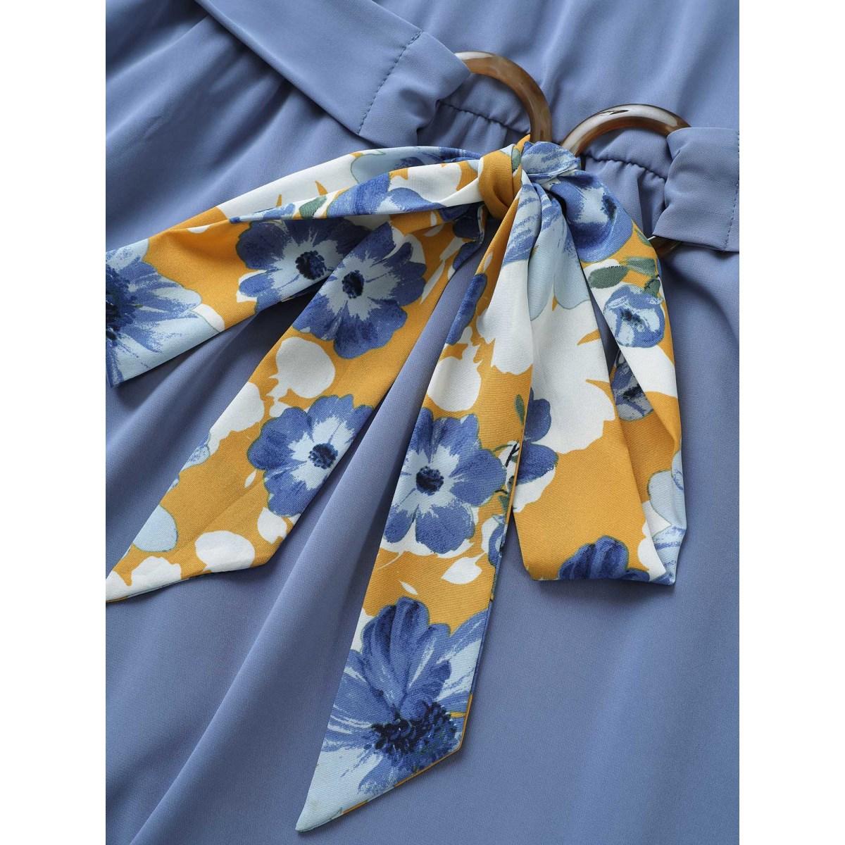 Plus Size Solid Frill Trim Buckle Detail Belted Dress Stone Women Elegant Non Round Neck Short sleeve Curvy Midi Dress BloomChic 30/6X Product Image