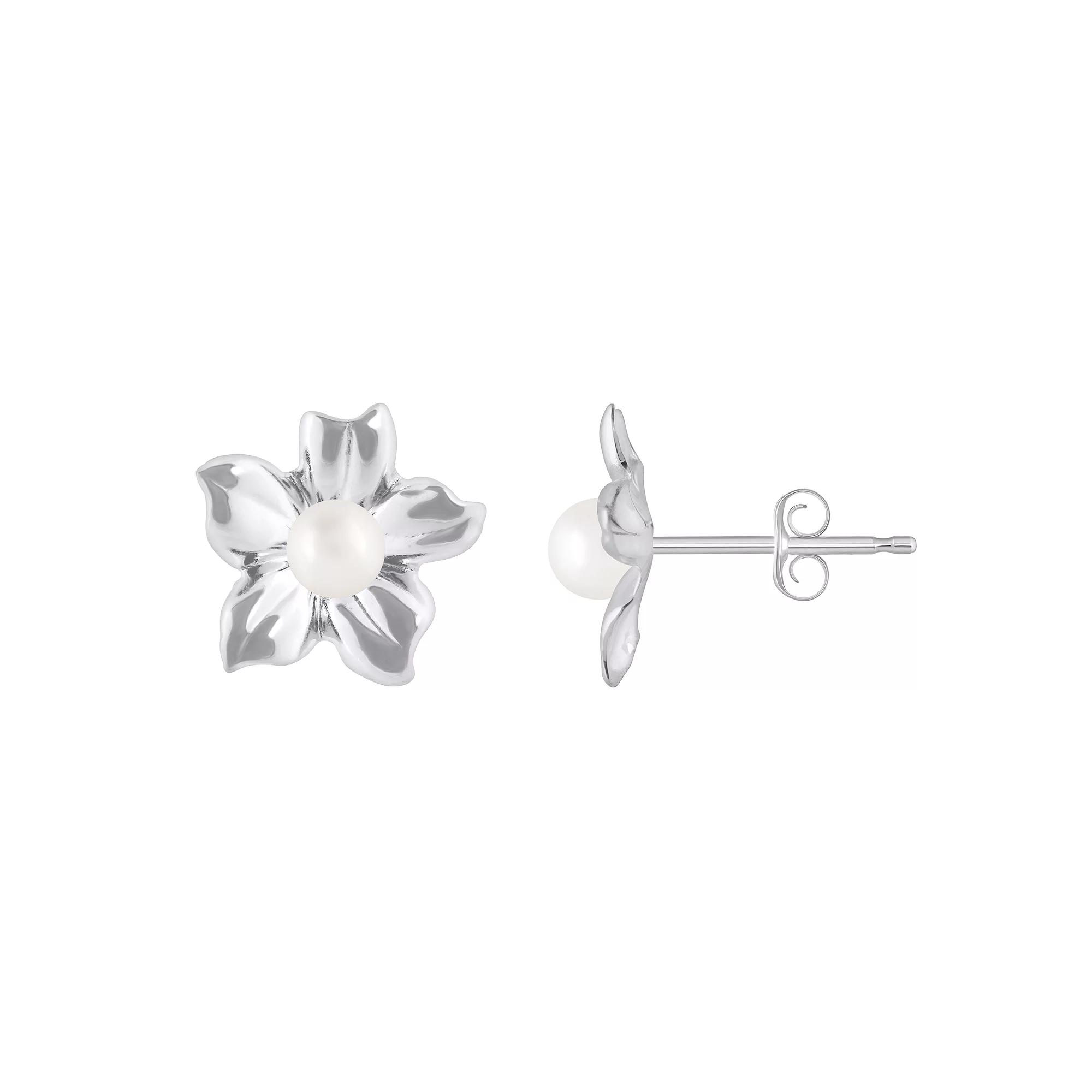 Celebration Gems 10k White Gold Sphere Gemstone Hibiscus Flower Stud Earrings, Women's, Freshwater White Product Image