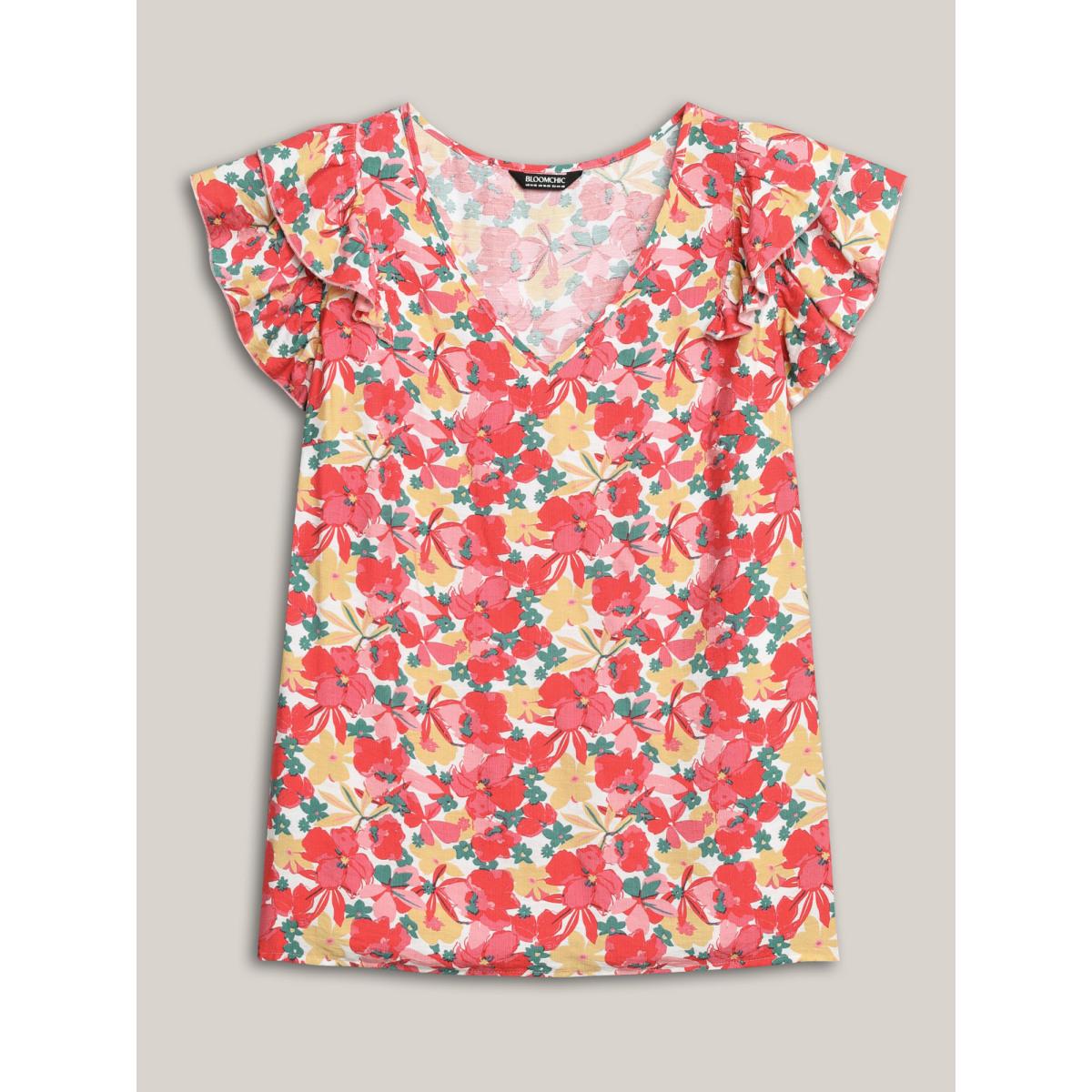 Plus Size Crimson Ruffled Bright Floral Print Blouse Women Cap Sleeve V-neck Elegant Blouses BloomChic 14-16/1X Product Image