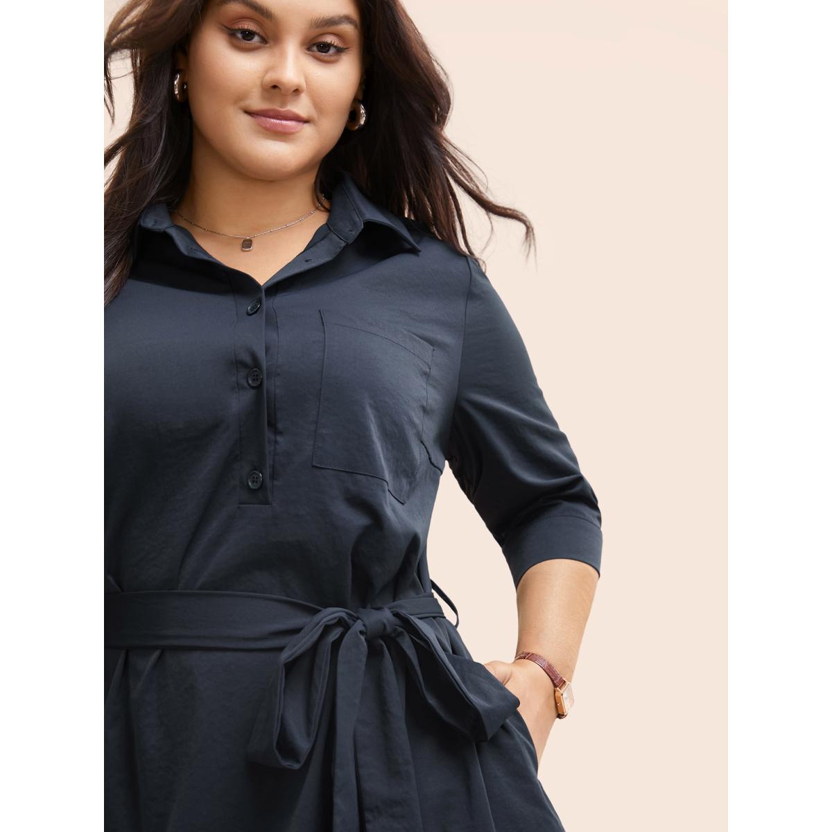 Plus Size Shirt Collar Belted Arc Hem Dress DarkBlue Women At the Office Belted Shirt collar Elbow-length sleeve Curvy BloomChic 26/4X Product Image