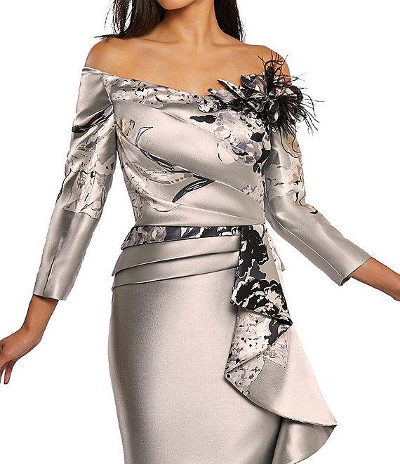 Terani Couture Jacquard Floral Off-the-Shoulder Long Sleeve Side Ruffle Feather Gown Product Image