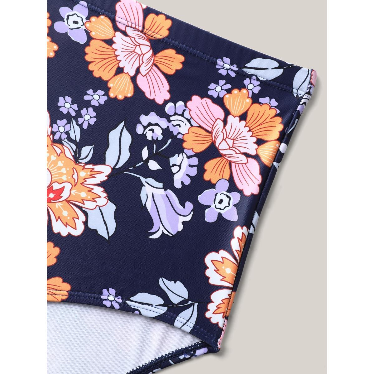 Plus Size Floral Print Surplice Neck Swim Dress Women's Swimwear Indigo Resort Bodycon Overlap Collar High stretch Curve Swim Dresses BloomChic 12/L Product Image