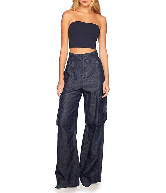 Susana Monaco Denim Linen High Rise Wide Leg Cargo Pants Product Image