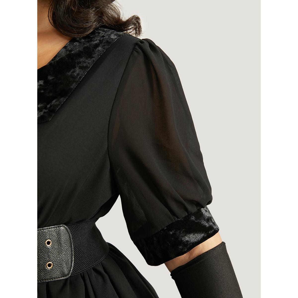 Plus Size Halloween Plain Lapel Collar Lantern Sleeve Mesh Dress Black Women Elegant See through V-neck Half Sleeve Curvy Knee Dress BloomChic 14-16/1X Product Image