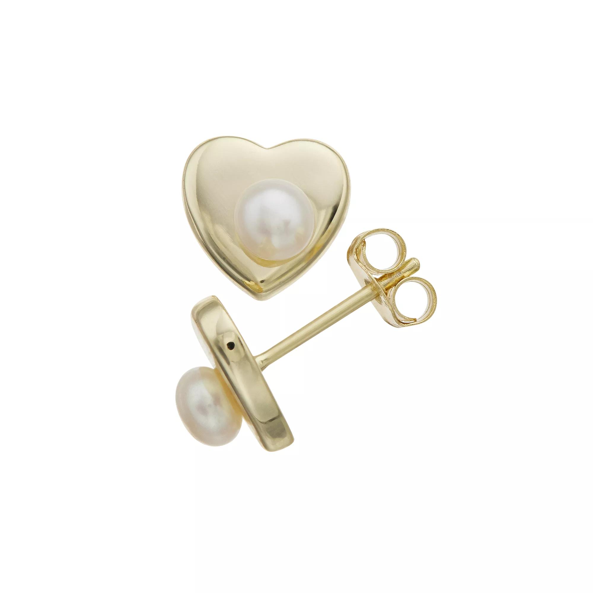 14k Gold Over Sterling Silver Freshwater Cultured Pearl Heart Stud Earrings, Womens, Gold Tone Product Image