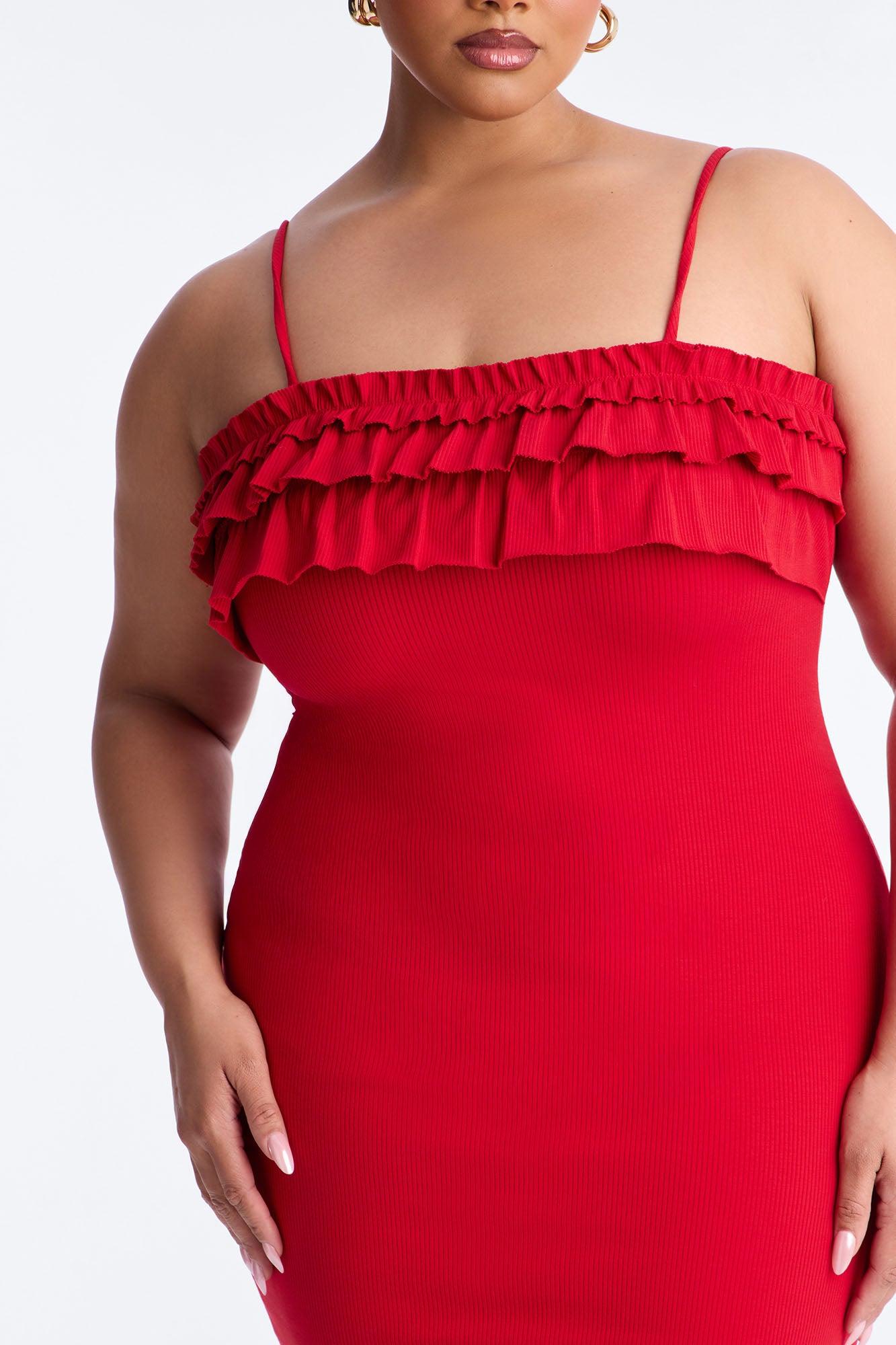 Paloma Ruffle Ribbed Midi Dress - Red Female Product Image