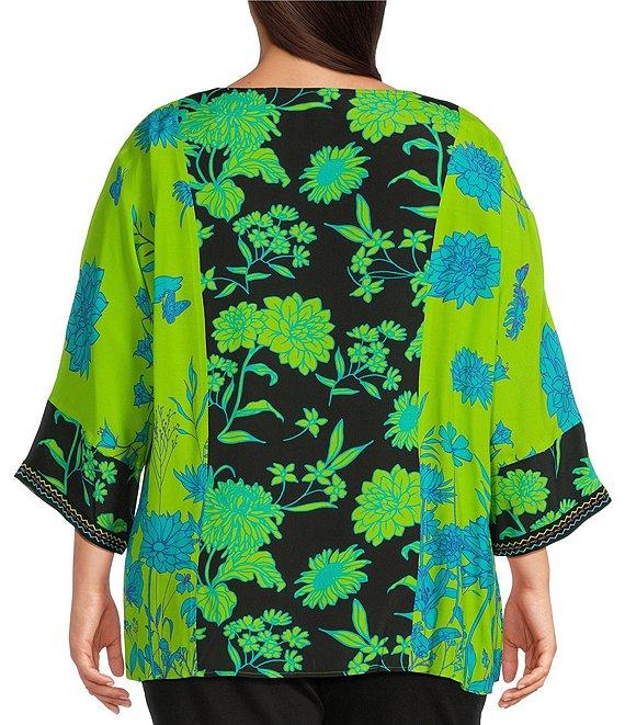 John Mark Plus Size Embroidered Printed Split Round Neck 3/4 Dolman Sleeve Tassel Tie Tunic Product Image