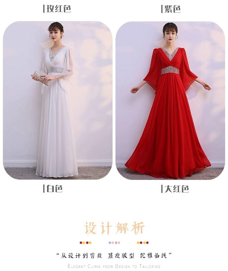 3/4-Sleeve V-Neck Lace Panel Maxi A-Line Dress Product Image