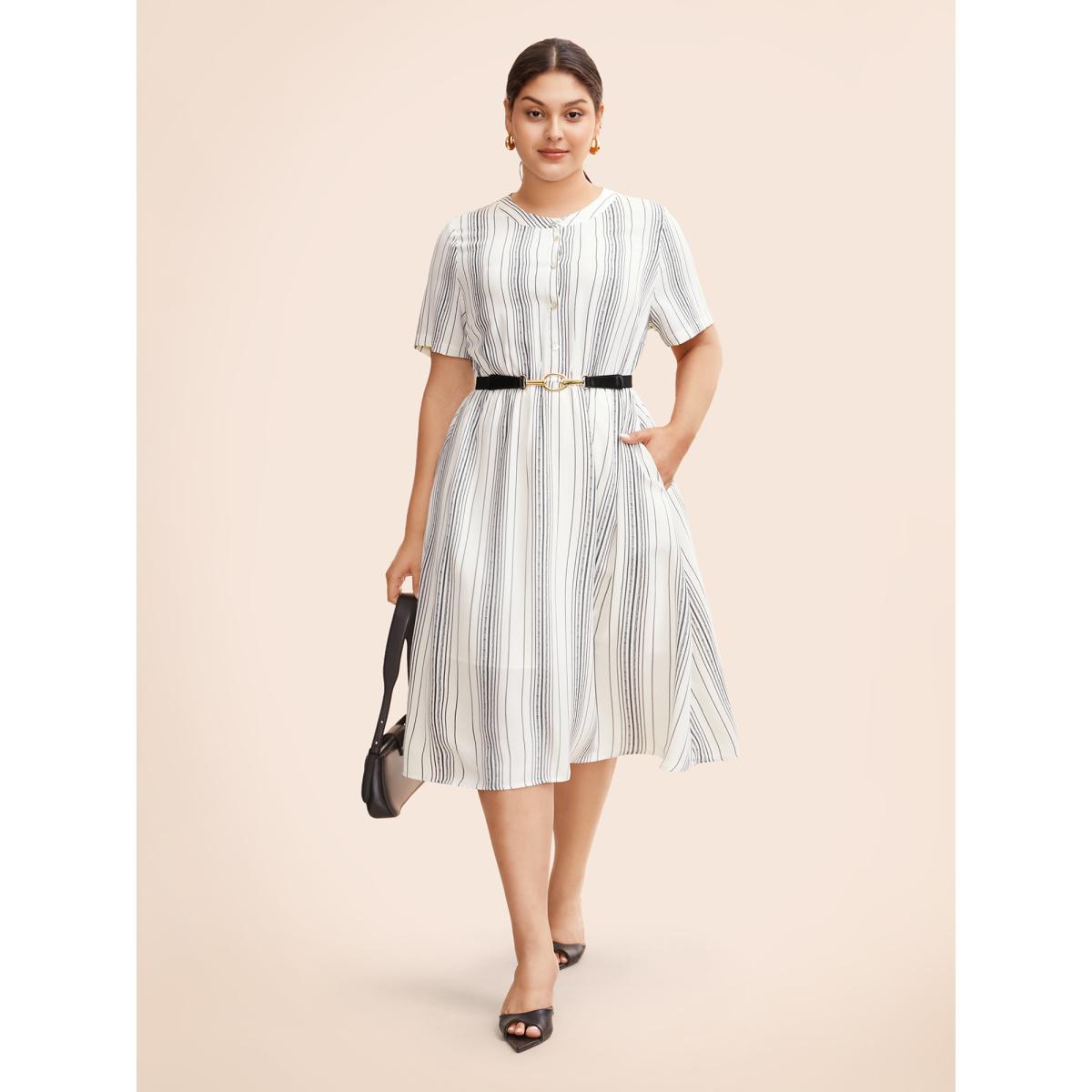 Plus Size Round Neck Striped Button Up Midi Dress WhiteSmoke Women At the Office Button Round Neck Short sleeve Curvy BloomChic 14-16/1X Product Image