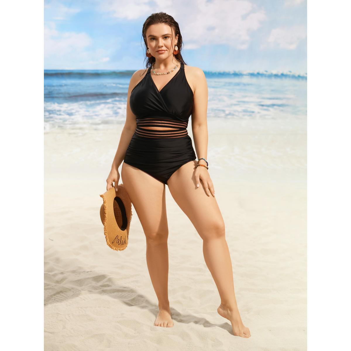 Plus Size Woven Ribbon Gathered High stretch Swim Bottom Women's Swimwear Indigo Beach Woven ribbon&lace trim High stretch Skinny High Rise Curve Swim Bottoms BloomChic 10/M Product Image