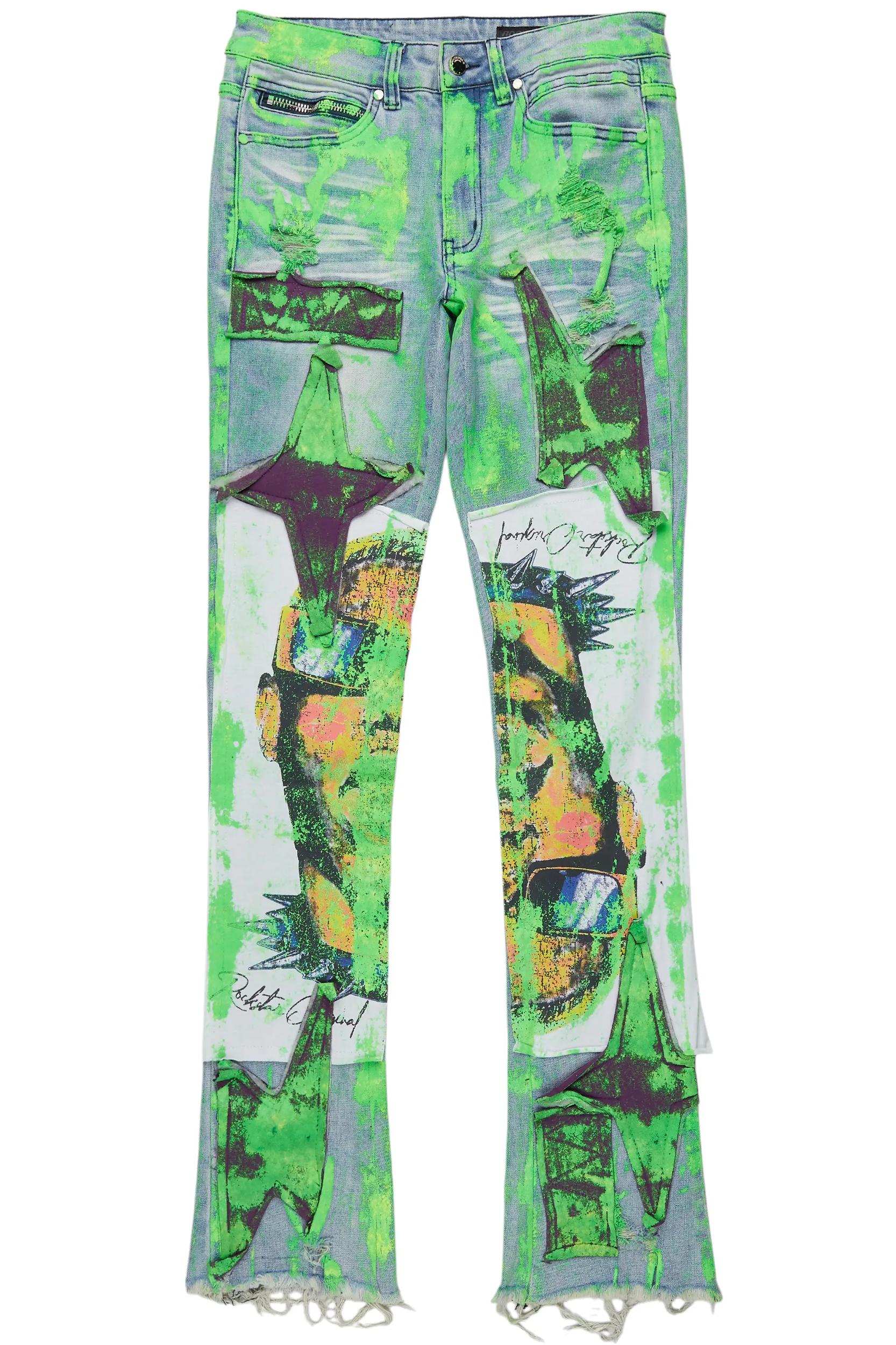 Savier Blue/Green Roller Paint Stacked Flare Jean Male Product Image