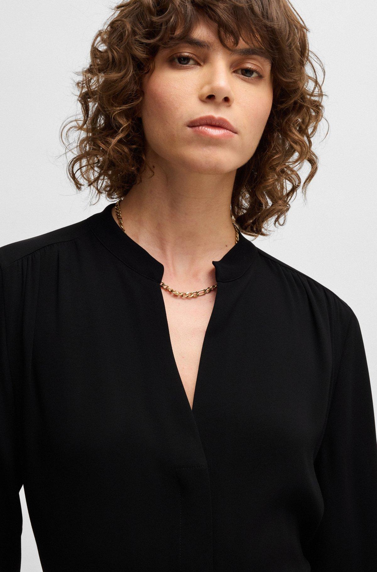 Belted dress with collarless V neckline and button cuffs Product Image