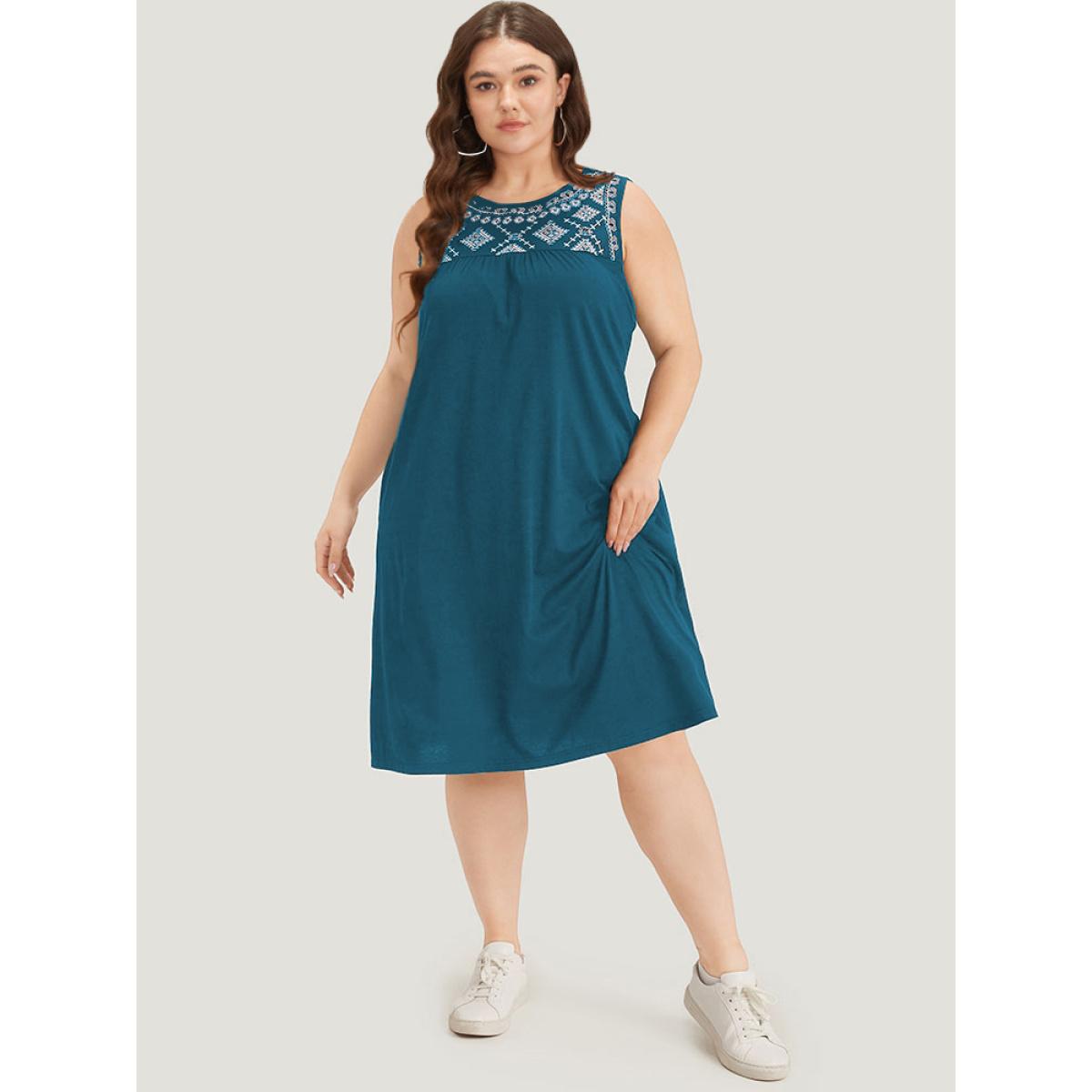 Plus Size Embroidered Pocket Patchwork Tank Midi Dress Aegean Women Casual Plain Round Neck Sleeveless Curvy Knee Dress BloomChic 10/M Product Image