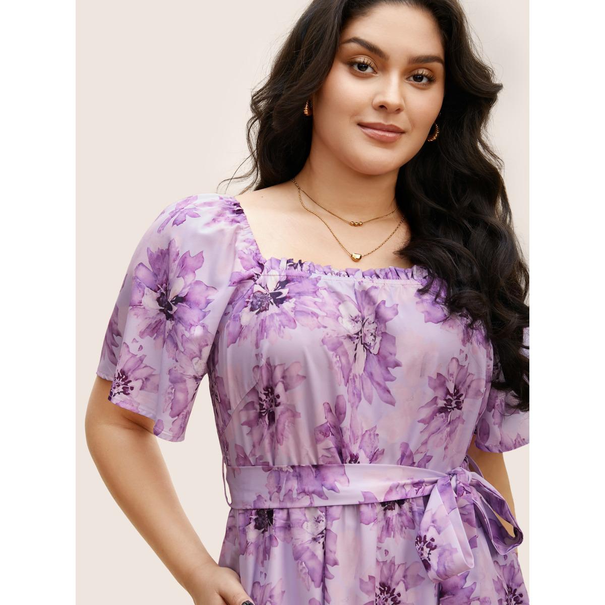 Plus Size Floral Print Square Neck Frill Trim Midi Dress Lavender Women Elegant Frill Trim Square Neck Short sleeve Curvy BloomChic 14-16/1X Product Image