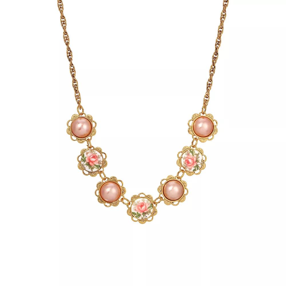 1928 Gold Tone Pink Floral Collar Necklace, Womens Product Image