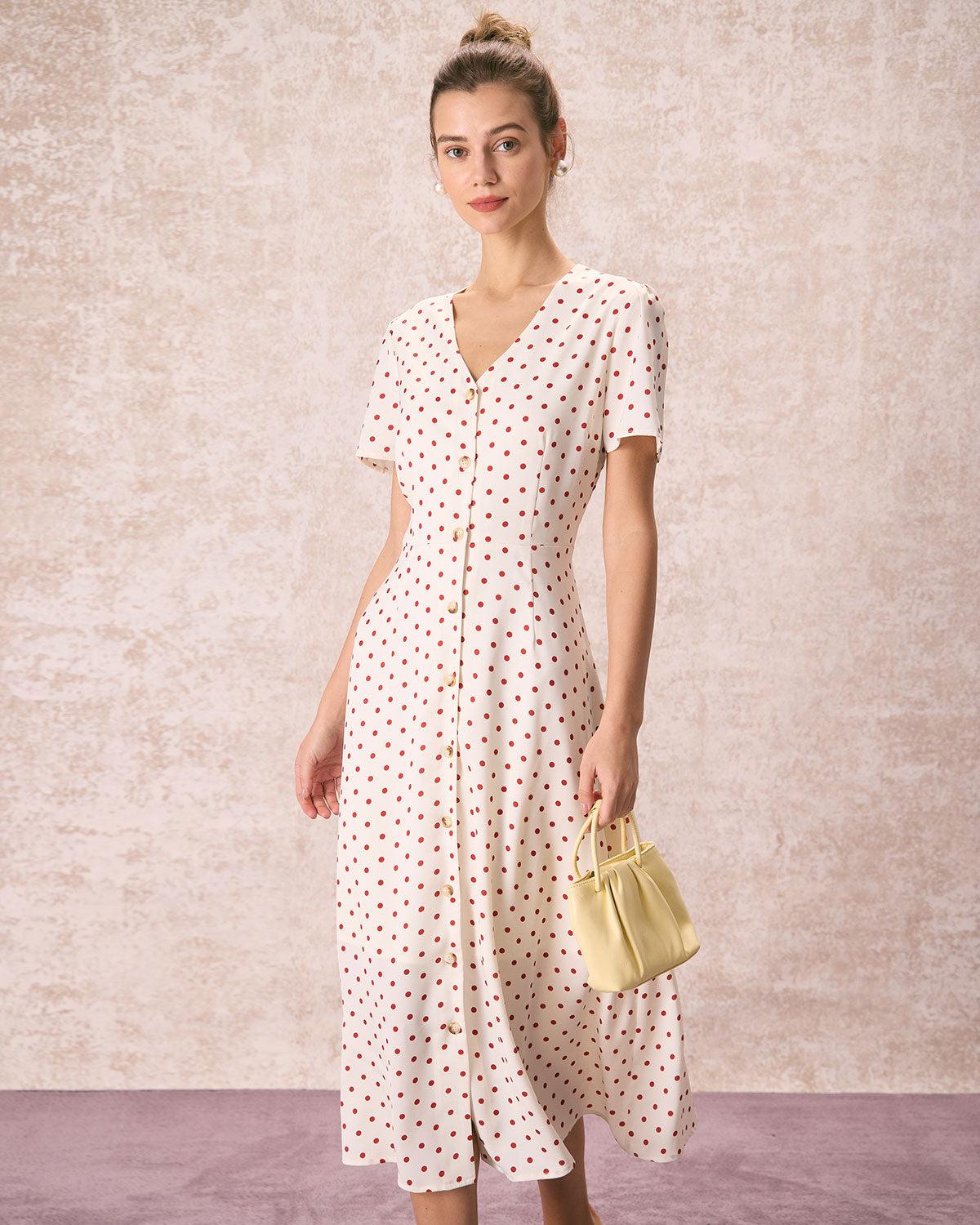 The Beige V Neck Polka Dot Button Midi Dress Product Image