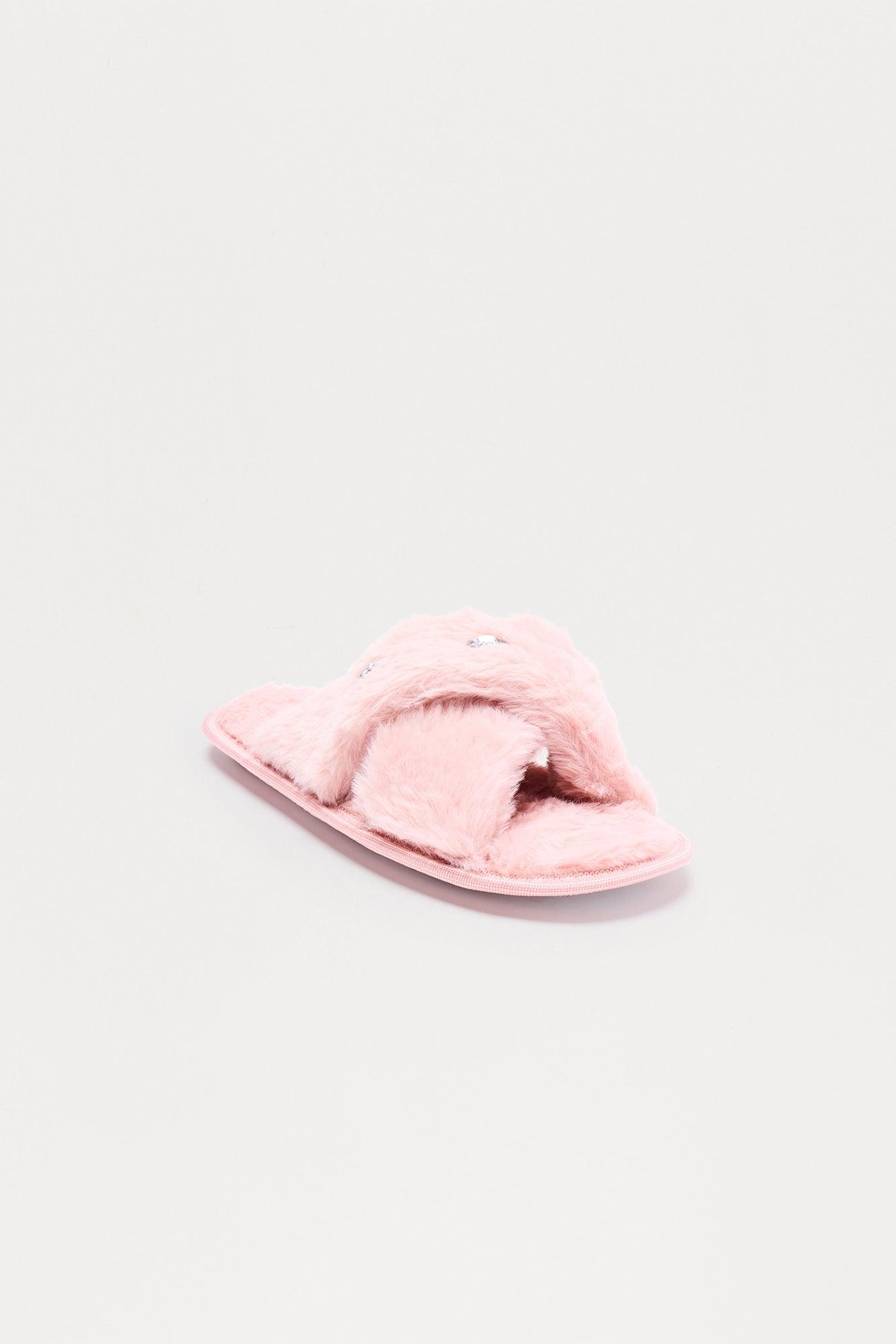 Piper Rhinestone Faux Fur Slippers - Pink Female Product Image