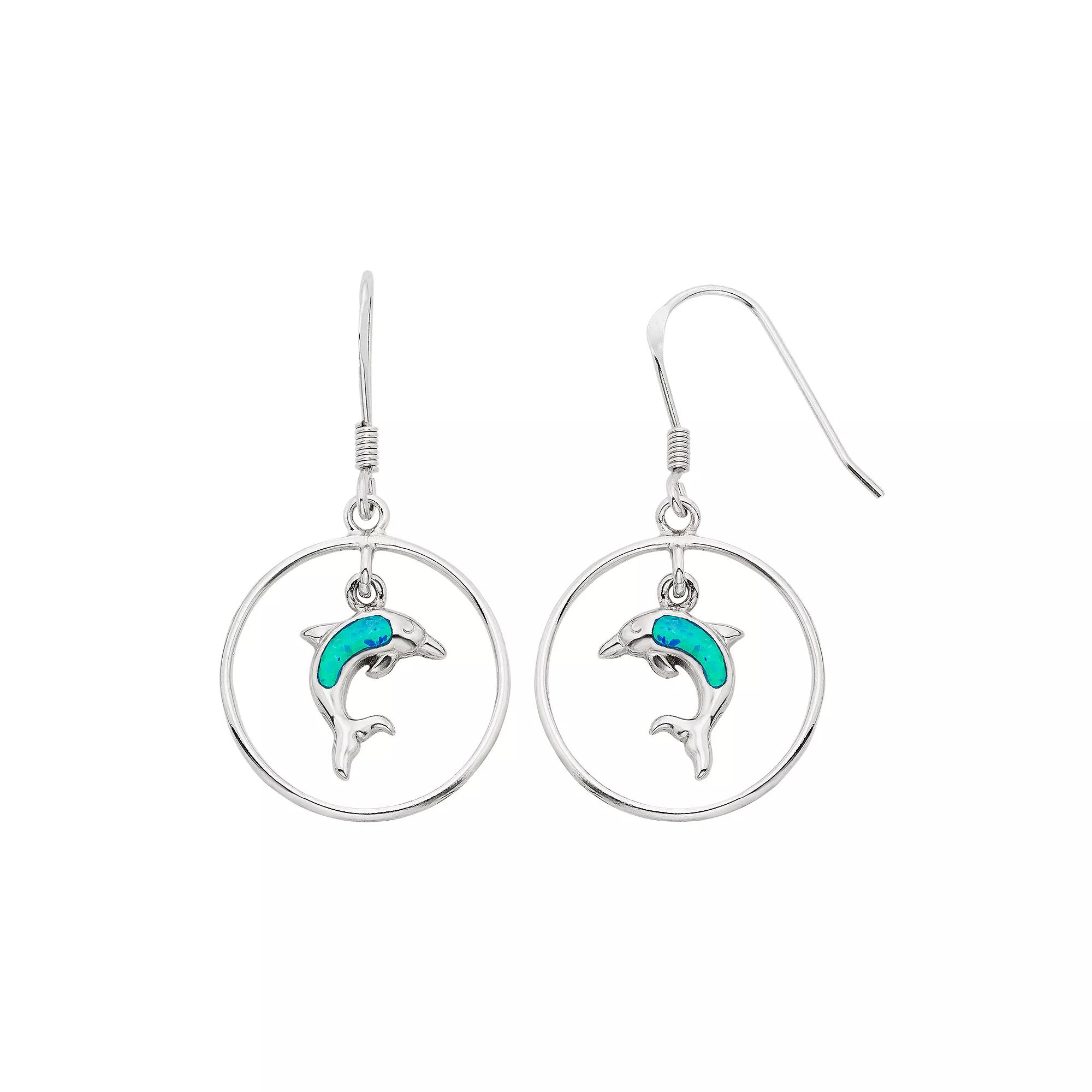 Lab-Created Blue Opal Sterling Silver Dolphin Hoop Drop Earrings, Women's Product Image
