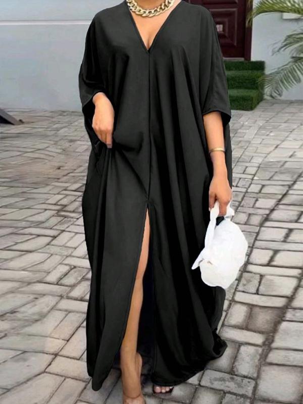 Batwing Sleeves Loose Solid Color Split-Front Split-Joint V-Neck Maxi Dresses Product Image