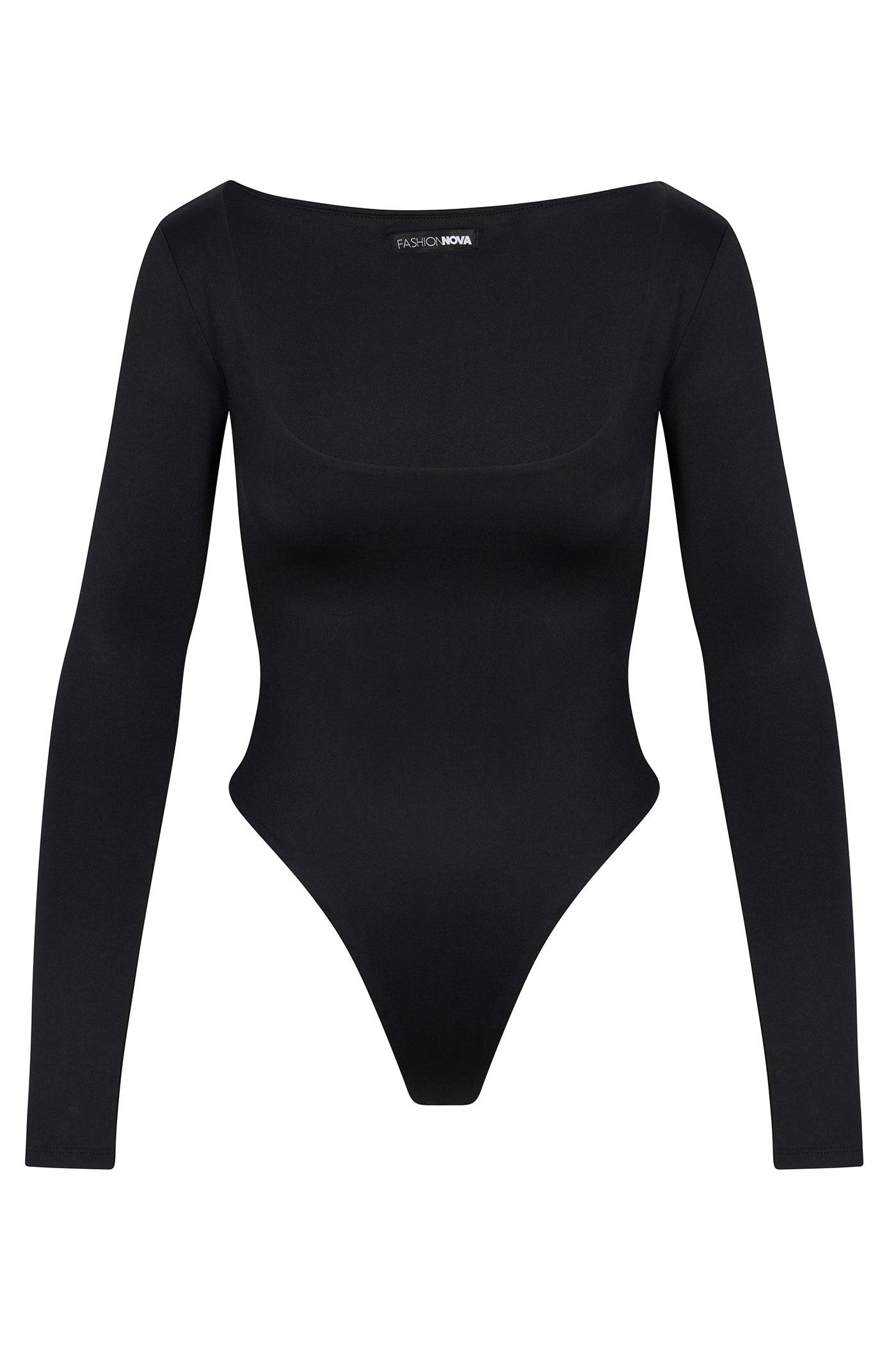 Contour Double Lined Long Sleeve Wide Scoop Neck Bodysuit - Black Female Product Image
