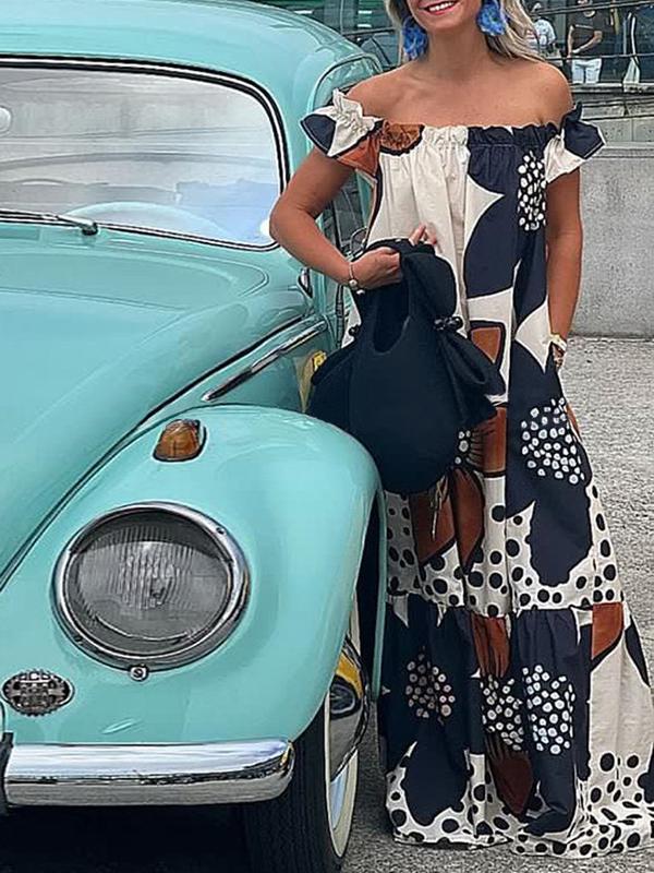 Loose Short Sleeves Flower Print Split-Joint Off-The-Shoulder Maxi Dresses Product Image