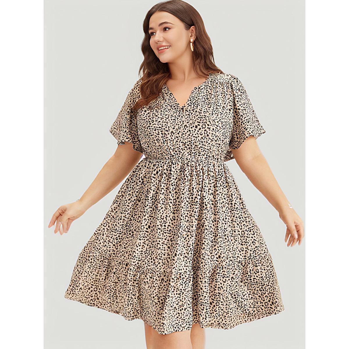 Plus Size Leopard Notched Pocket Gathered Ruffle Layered Hem Dress LightBrown Women Elegant Notched collar Short sleeve Curvy Knee Dress BloomChic 10/M Product Image