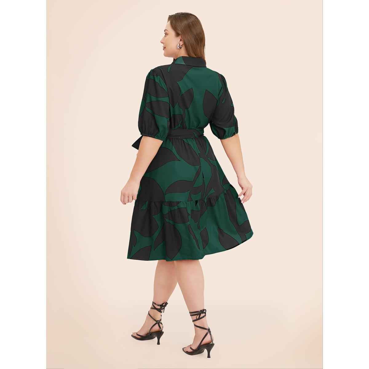 Plus Size Plant Pocket Puff Sleeve Belt Ruffle Hem Button Up Dress DarkGreen Women Office Belted Shirt collar Short sleeve Curvy Knee Dress BloomChic 22-24/3X Product Image