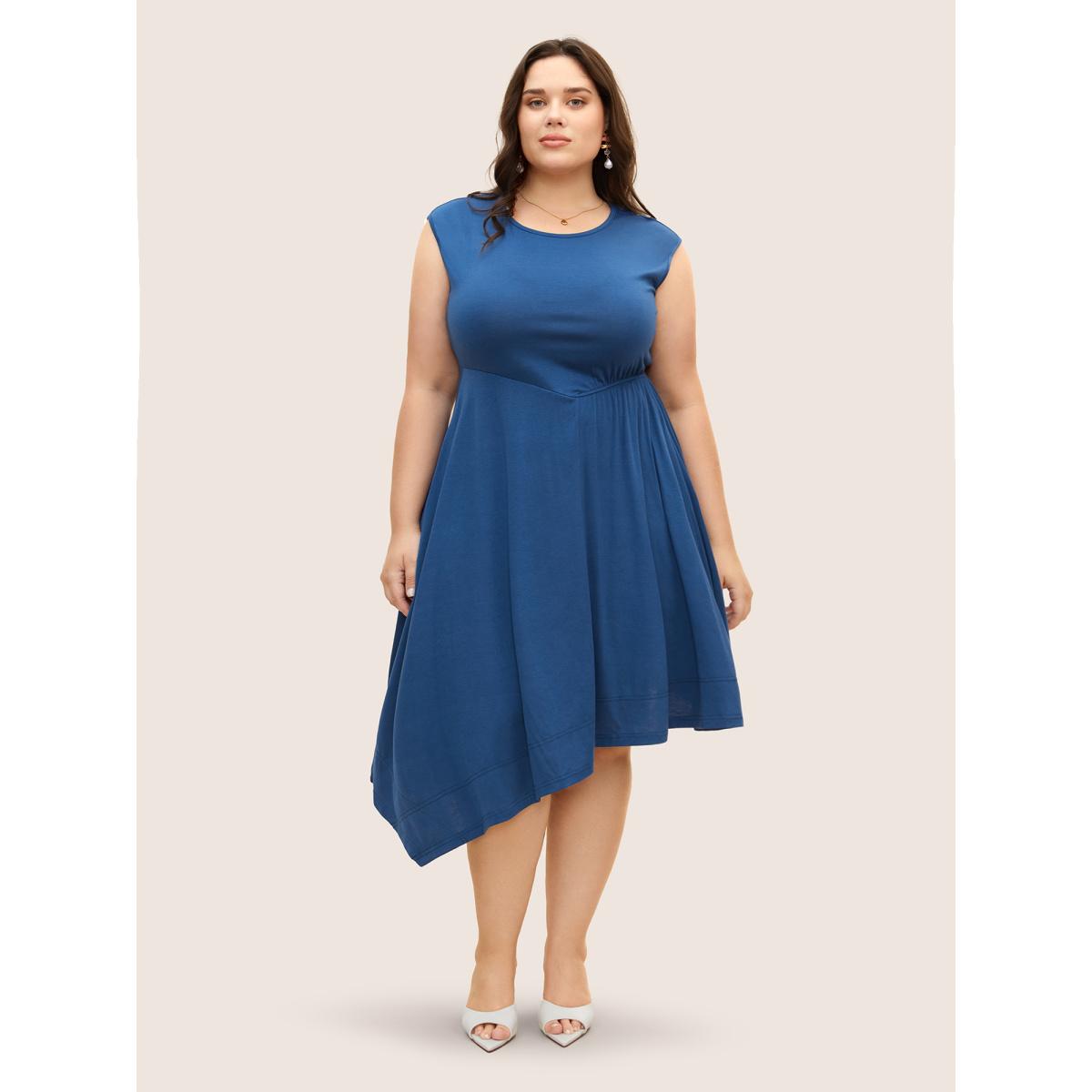 Plus Size Solid Crew Neck Asymmetrical Hem Dress Mediumblue Women Elegant Gathered Round Neck Cap Sleeve Curvy BloomChic 12/L Product Image